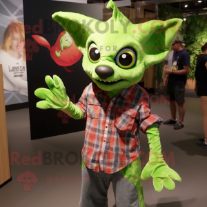 Lime Green Fruit Bat mascot costume character dressed with a Flannel Shirt and Watches
