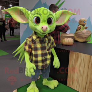 Lime Green Fruit Bat mascot costume character dressed with a Flannel Shirt and Watches