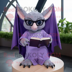 Lavender Bat mascot costume character dressed with a V-Neck Tee and Reading glasses