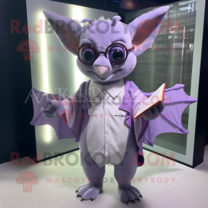 Lavender Bat mascot costume character dressed with a V-Neck Tee and Reading glasses