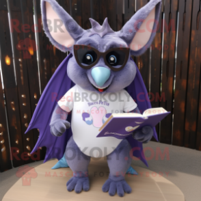 Lavender Bat mascot costume character dressed with a V-Neck Tee and Reading glasses