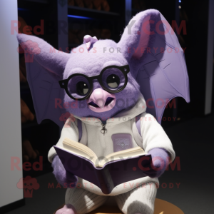 Lavender Bat mascot costume character dressed with a V-Neck Tee and Reading glasses