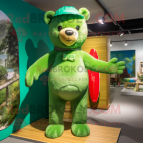 Green Teddy Bear mascot costume character dressed with a One-Piece Swimsuit and Berets