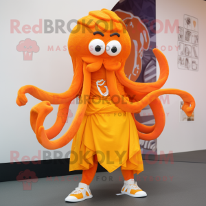 Orange Kraken mascot costume character dressed with a Skirt and Headbands