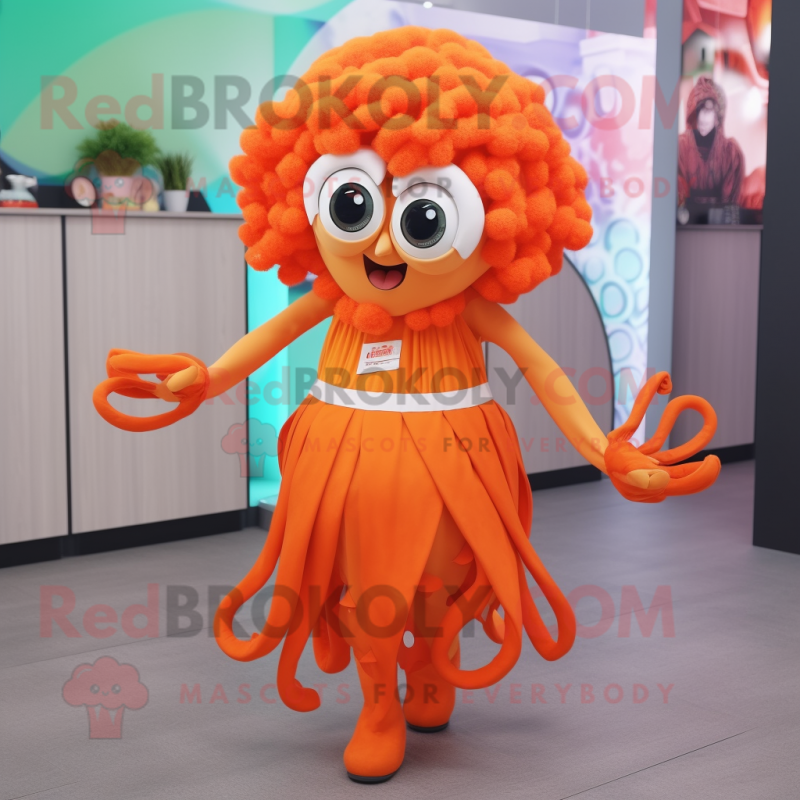 Orange Kraken mascot costume character dressed with a Skirt and Headbands Orange Kraken mascot costume character dressed with a Skirt and Headbands
