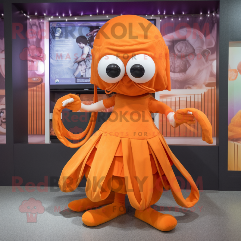 Orange Kraken mascot costume character dressed with a Skirt and Headbands