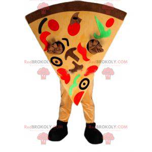 Mascote gigante de fatia de pizza muito colorido -