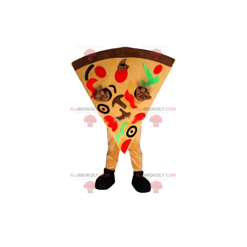 Mascote gigante de fatia de pizza muito colorido -