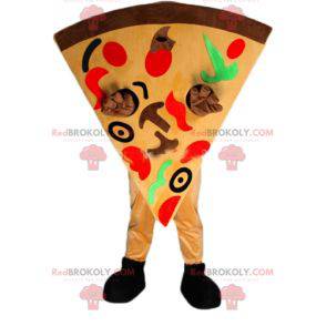 Mascote gigante de fatia de pizza muito colorido -