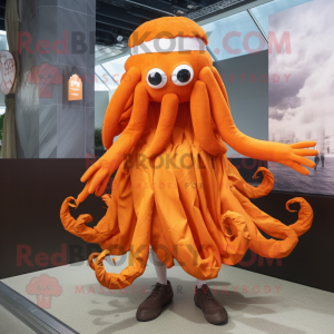 Orange Kraken mascot costume character dressed with a Skirt and Headbands