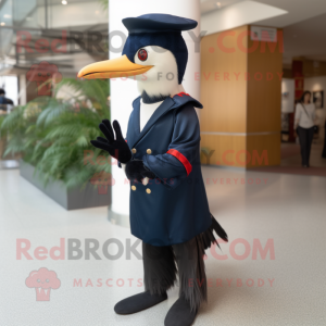 Navy Woodpecker mascot costume character dressed with a Jacket and Gloves