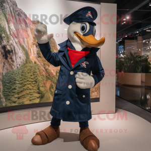 Navy Woodpecker mascot costume character dressed with a Jacket and Gloves