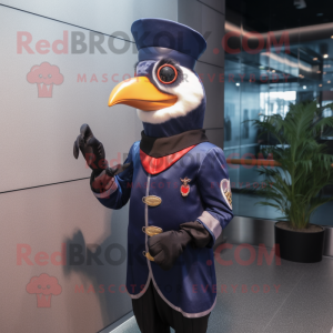 Navy Woodpecker mascot costume character dressed with a Jacket and Gloves