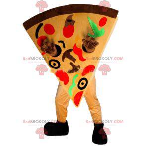 Mascote gigante de fatia de pizza muito colorido -