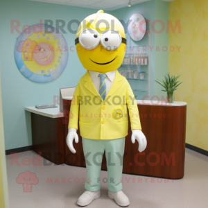 Lemon Yellow Doctor mascot costume character dressed with a Sweater and Tie pins