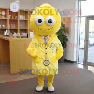 Lemon Yellow Doctor mascot costume character dressed with a Sweater and Tie pins