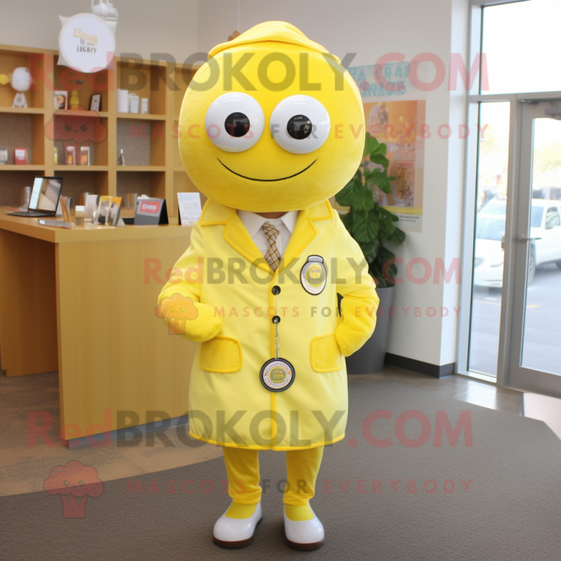 Lemon Yellow Doctor mascot costume character dressed with a Sweater and Tie pins Lemon Yellow Doctor mascot costume character dressed with a Sweater and Tie pins