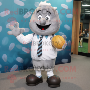 Gray Potato mascot costume character dressed with a Rugby Shirt and Bow ties