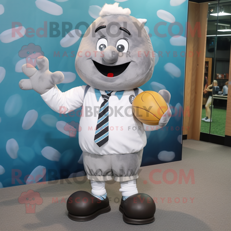Gray Potato mascot costume character dressed with a Rugby Shirt and Bow ties Gray Potato mascot costume character dressed with a Rugby Shirt and Bow ties