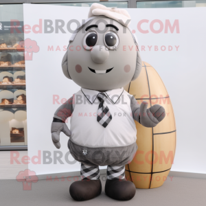 Gray Potato mascot costume character dressed with a Rugby Shirt and Bow ties