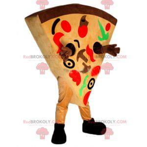 Mascote gigante de fatia de pizza muito colorido -