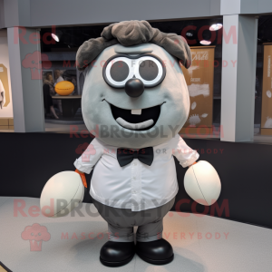 Gray Potato mascot costume character dressed with a Rugby Shirt and Bow ties
