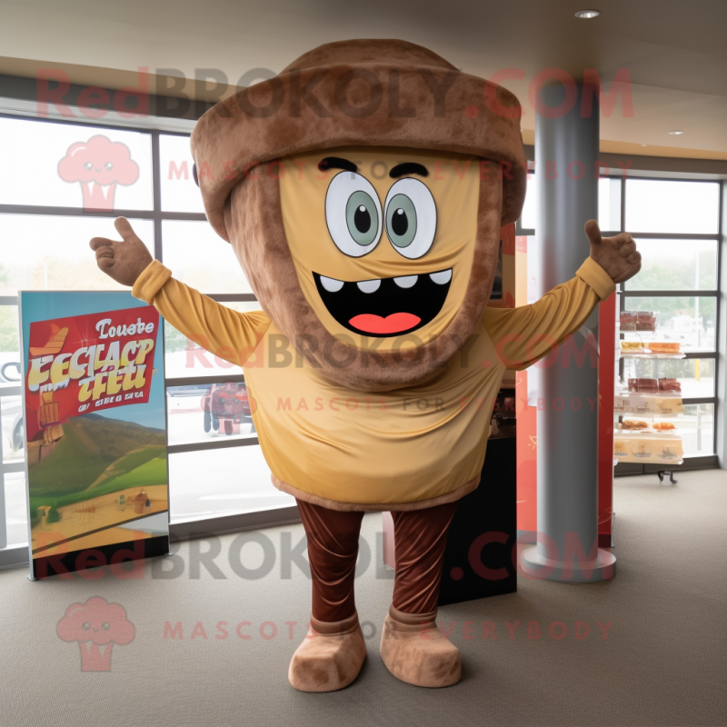 Brown Tacos mascot costume character dressed with a Jeggings and Cummerbunds Brown Tacos mascot costume character dressed with a Jeggings and Cummerbunds