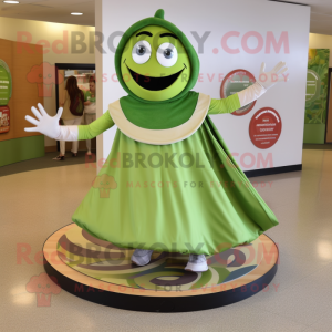 Olive Plate Spinner mascot costume character dressed with a Circle Skirt and Shoe laces