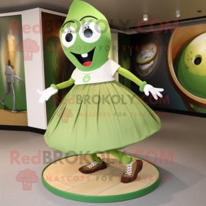 Olive Plate Spinner mascot costume character dressed with a Circle Skirt and Shoe laces