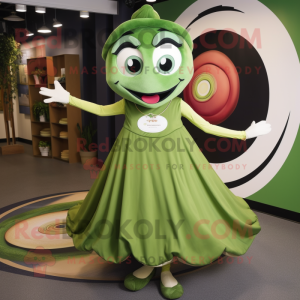 Olive Plate Spinner mascot costume character dressed with a Circle Skirt and Shoe laces