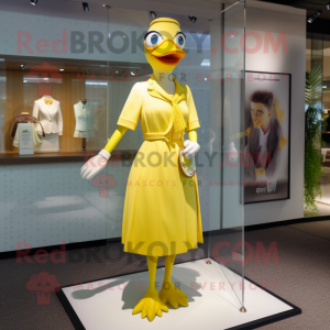 Lemon Yellow Goose mascot costume character dressed with a A-Line Dress and Tie pins