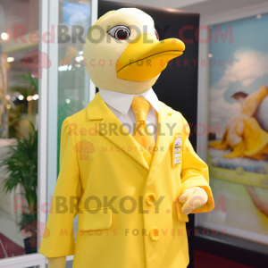Lemon Yellow Goose mascot costume character dressed with a A-Line Dress and Tie pins