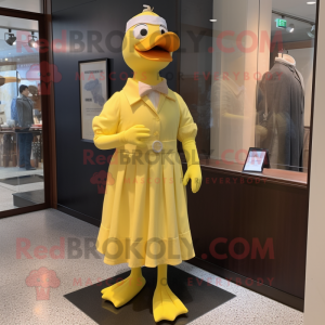 Lemon Yellow Goose mascot costume character dressed with a A-Line Dress and Tie pins