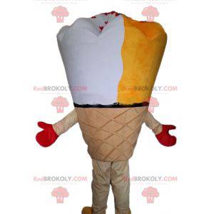 Mascote gigante de casquinha de sorvete amarela e branca -