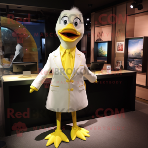 Lemon Yellow Goose mascot costume character dressed with a A-Line Dress and Tie pins