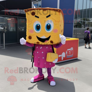 Magenta Grilled Cheese Sandwich mascot costume character dressed with a Shorts and Messenger bags