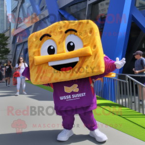 Magenta Grilled Cheese Sandwich mascot costume character dressed with a Shorts and Messenger bags