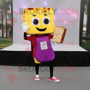 Magenta Grilled Cheese Sandwich mascot costume character dressed with a Shorts and Messenger bags