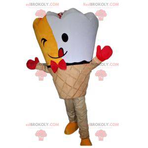 Mascote gigante de casquinha de sorvete amarela e branca -