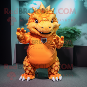 Orange Ankylosaurus mascot costume character dressed with a V-Neck Tee and Hairpins