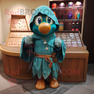 Teal Treasure Chest mascot costume character dressed with a Raincoat and Shawl pins