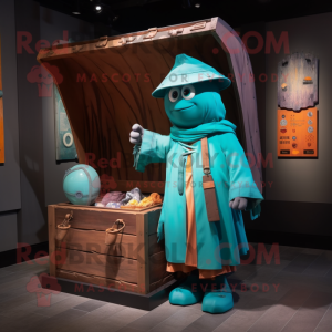 Teal Treasure Chest mascot costume character dressed with a Raincoat and Shawl pins