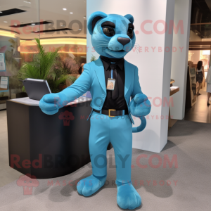 Cyan Panther mascot costume character dressed with a Dress Pants and Keychains