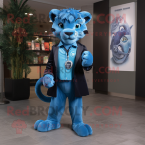 Cyan Panther mascot costume character dressed with a Dress Pants and Keychains