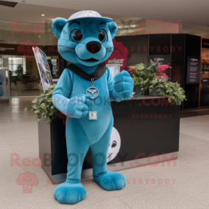 Cyan Panther mascot costume character dressed with a Dress Pants and Keychains