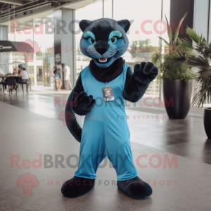 Cyan Panther mascot costume character dressed with a Dress Pants and Keychains