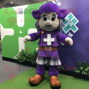 Purple Celtic Cross mascot costume character dressed with a Bermuda Shorts and Hair clips