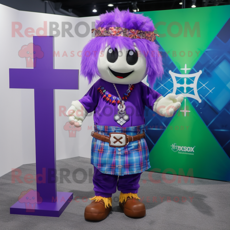 Purple Celtic Cross mascot costume character dressed with a Bermuda Shorts and Hair clips