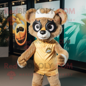 Beige Lemur mascot costume character dressed with a Rash Guard and Headbands