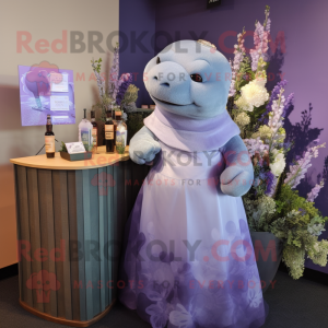 Lavender Stellar'S Sea Cow mascot costume character dressed with a Cocktail Dress and Rings